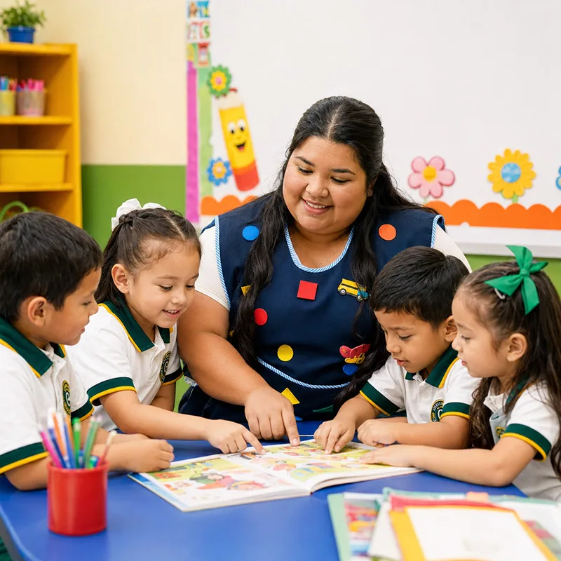 Maestra leyendo con cuatro niños en un aula colorida, compartiendo momentos de aprendizaje y diversión.